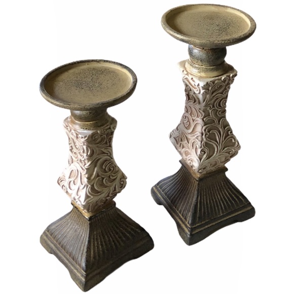 Other - Set of 2 Shabby Chic Ornate Pillar Candle Holders